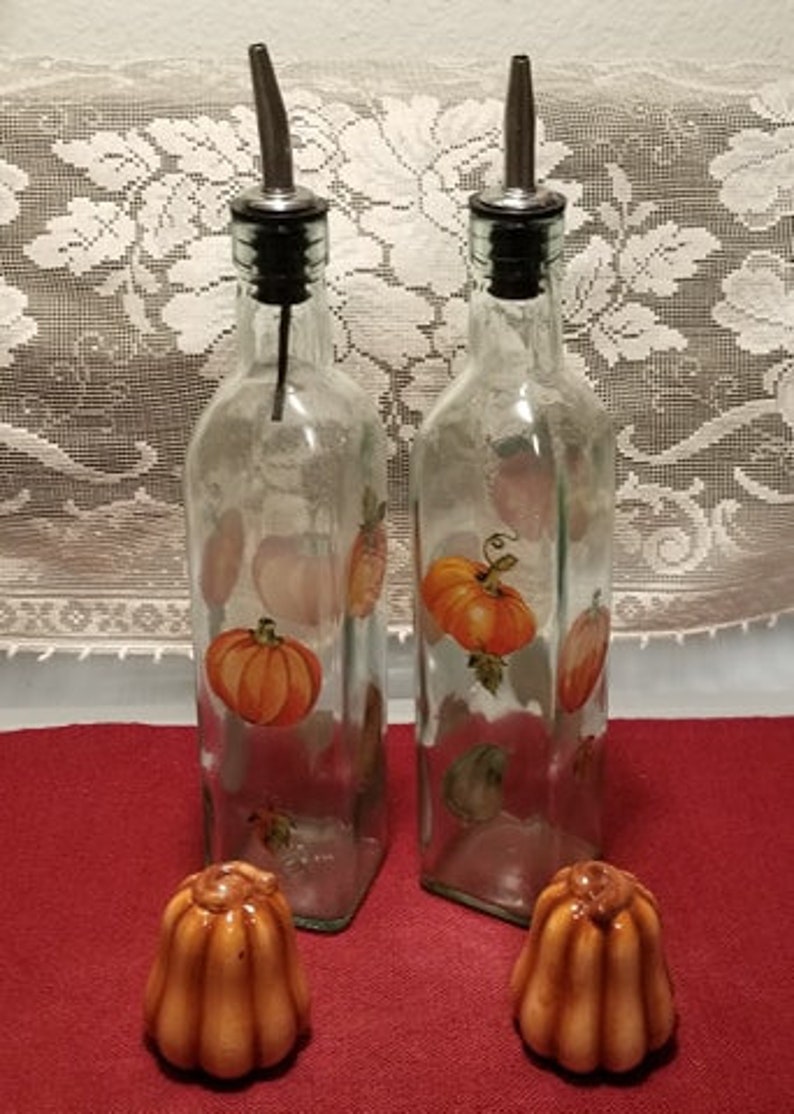 Two Glass Cruets Pumpkin Motif and Ceramic Pumpkin Shaped Salt and Pepper Shaker Set