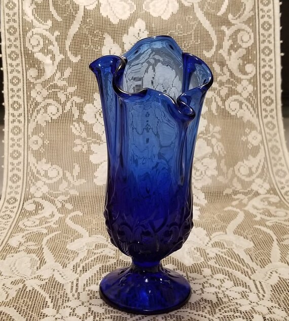 Vintage Cobalt Blue Glass Vase Ruffled Rim Fenton Cobalt Etsy