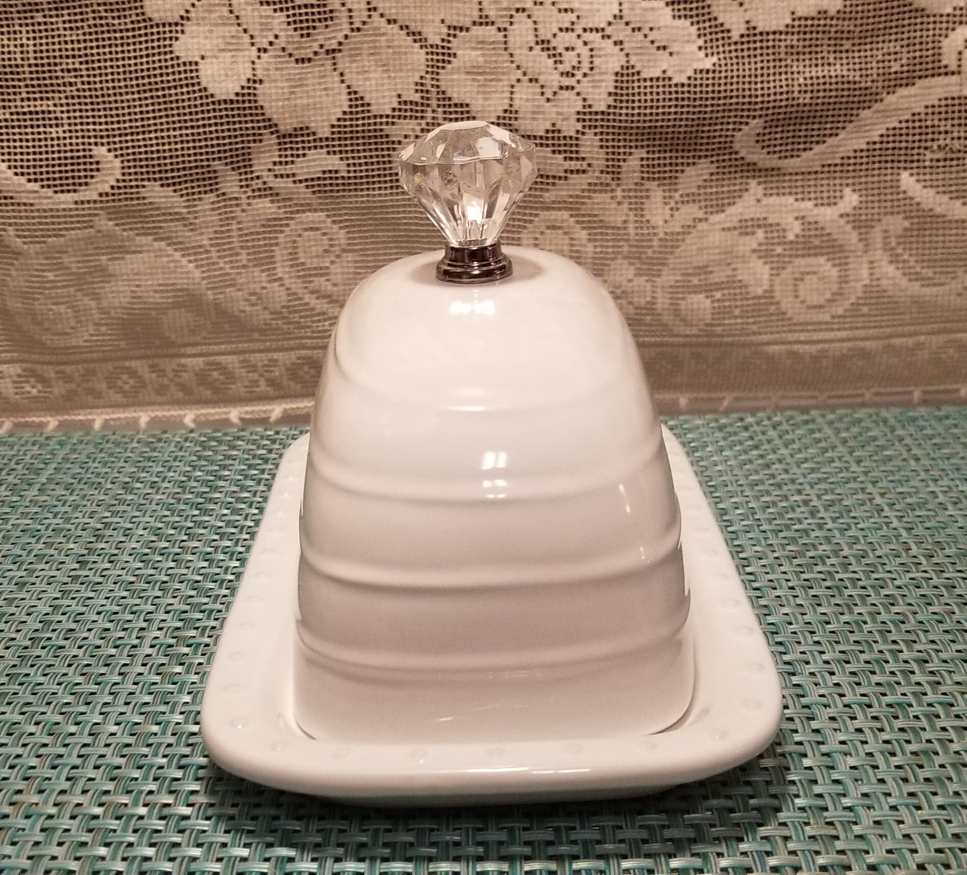 White Butter Dish with Crystal Knob Charming Home and or Etsy