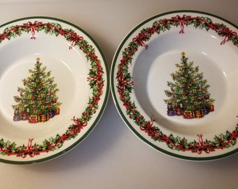 Two Large Rim Soup Bowl Holiday Celebrations (Green Trim) by Christopher Radko