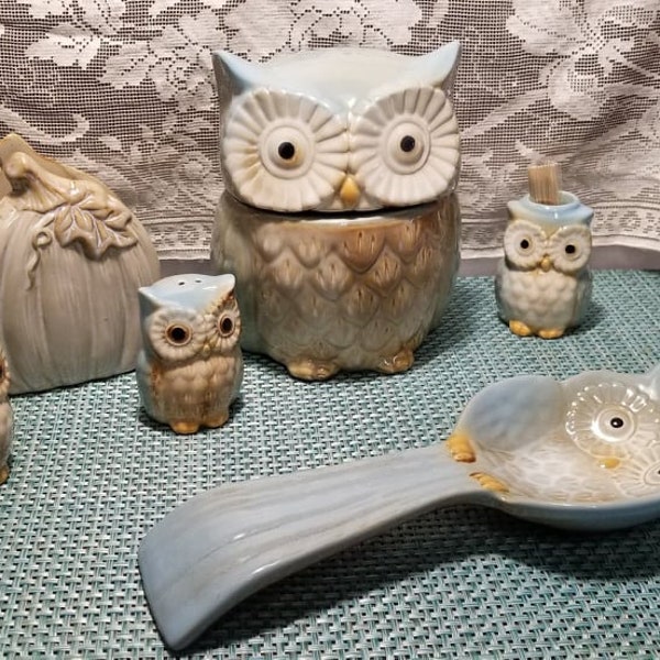 Owl Shaped Canister, Light Pumpkin Shaped Napkin Holder, Owl Shaped Spoon Rest, Owl Salt & Pepper Set and Owl Toothpick Holder