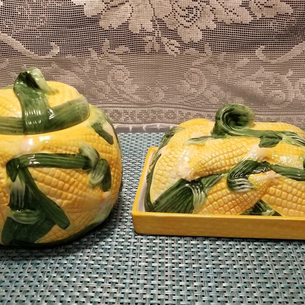 Vintage Corn Shaped Butter Dish and Covered Sugar Bowl