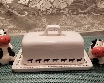 White Ceramic Farmhouse Butter Dish & Cow Shaped Salt and Pepper Shaker Set - Dish Only or Set