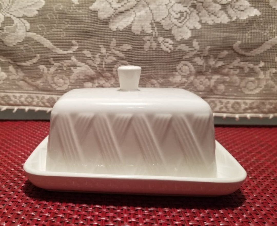THL White Butter Dish With Embossed X Design Etsy