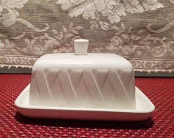 THL White Butter Dish with Embossed X Design