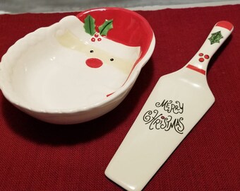 White Ceramic Santa Candy Bowl and Christmas Spatula