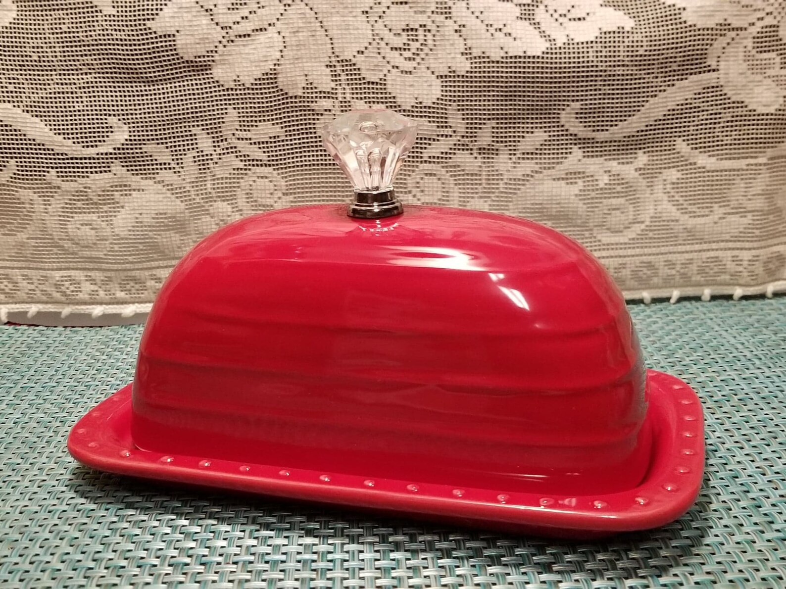Red Butter Dish with Clear Knob on Lid / Simply Beautiful Dish Etsy