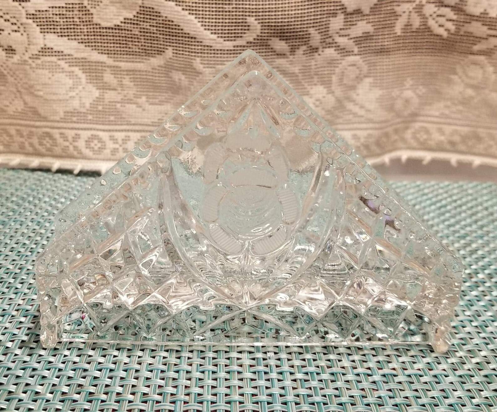 Vintage Crystal Triangular Napkin Holder With Raised Rose Etsy