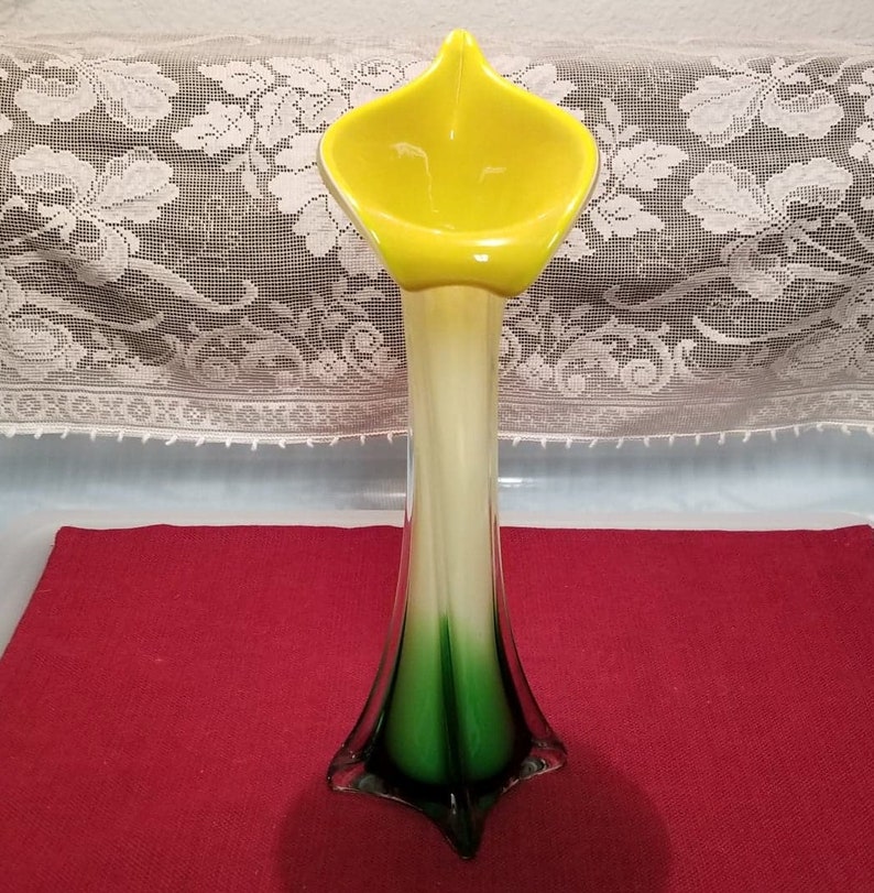 Vintage Murano Art Glass Tulip Bud Vase Yellow With Green Base Etsy