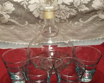 Vintage Decanter, Stopper and Four Glasses