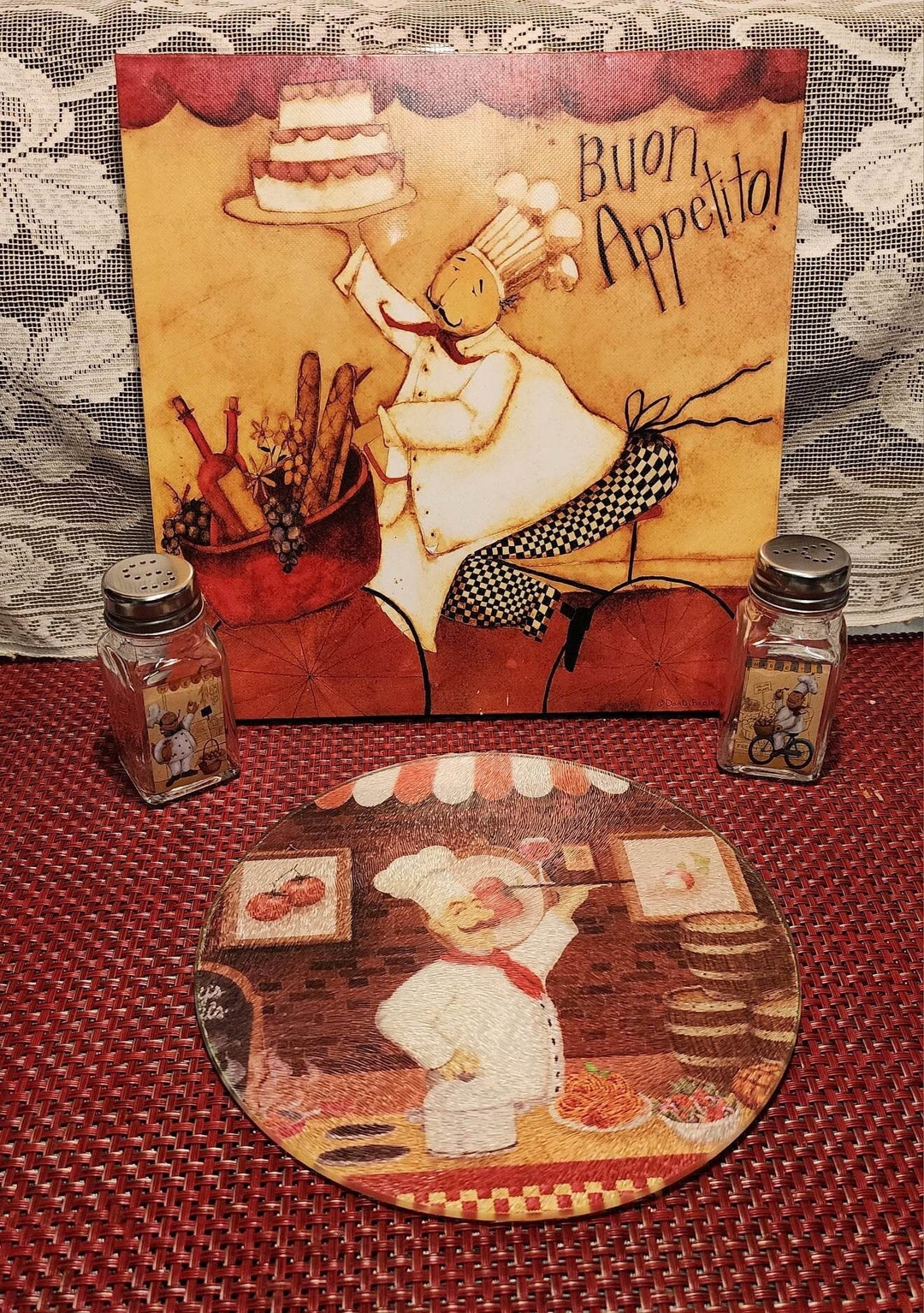 Fat Chef Wall Decor, Fat Chef Trivet, and Fat Chef Salt and Pepper Set