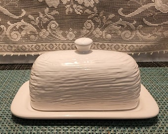 White Embossed Butter Dish by Nicole Miller New York