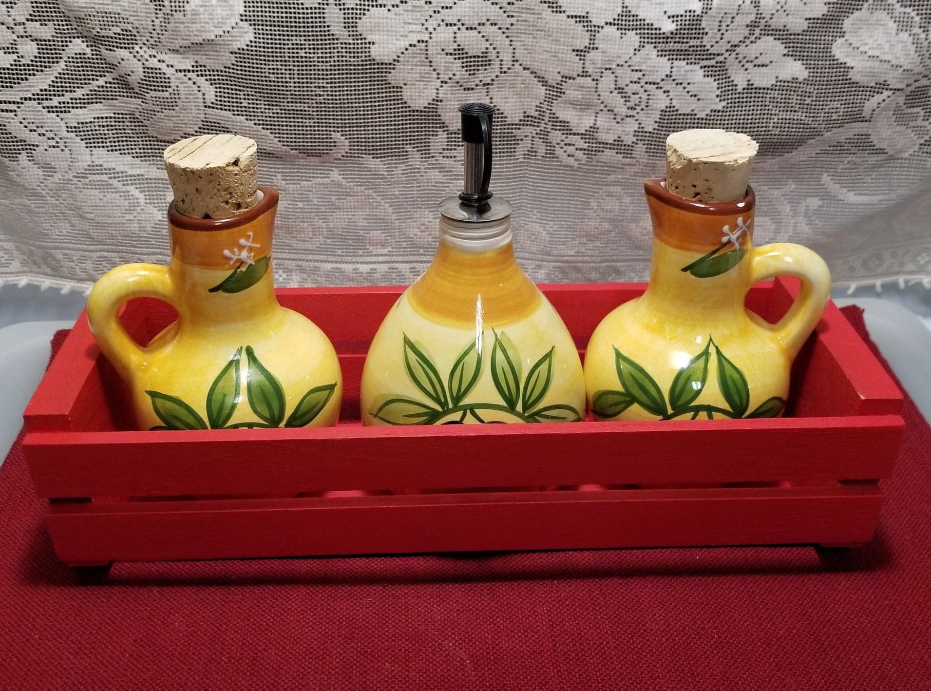 Vintage Italian Ceramic Trio Cruet Set with a Red Wooden Caddy Etsy
