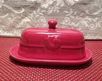 Red Stoneware Butter Dish with Embossed Rooster
