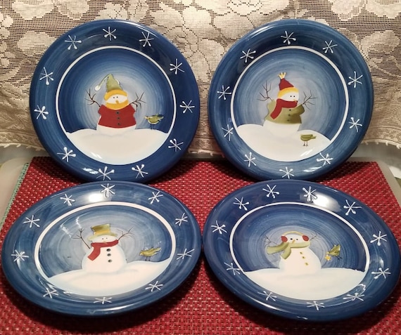 Sonoma Life & Style Hand-painted Snowman Salad/dessert Plates Four 4 Snowman  Plates 