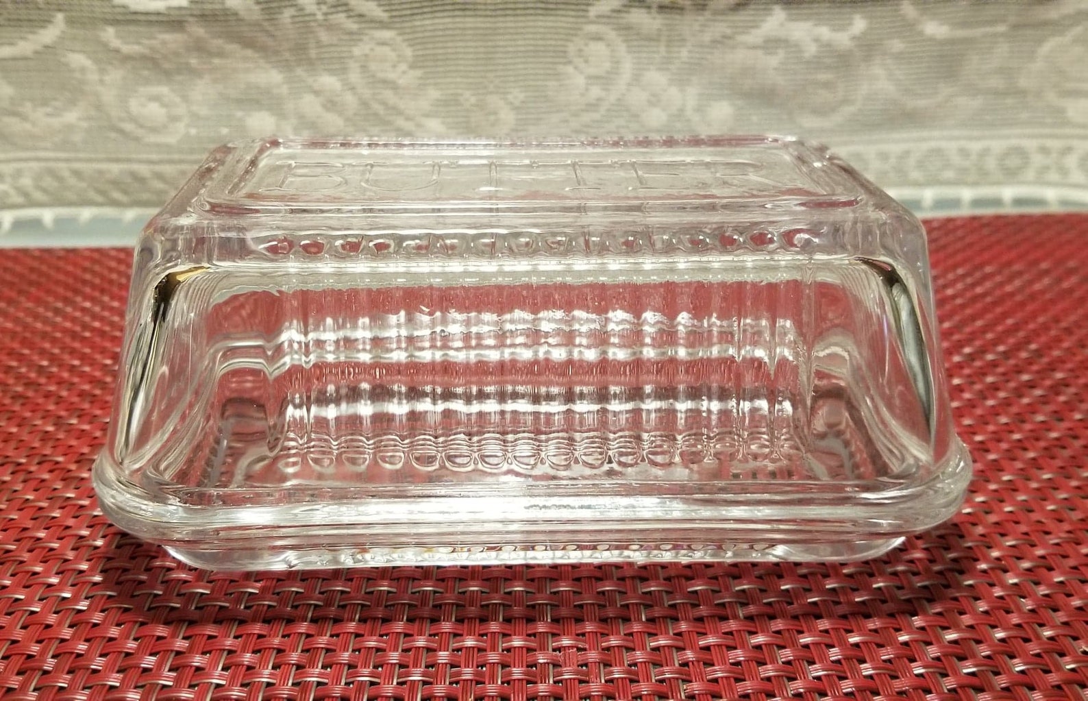 Clear Glass Ribbed Butter Dish With Embossed Word Etsy