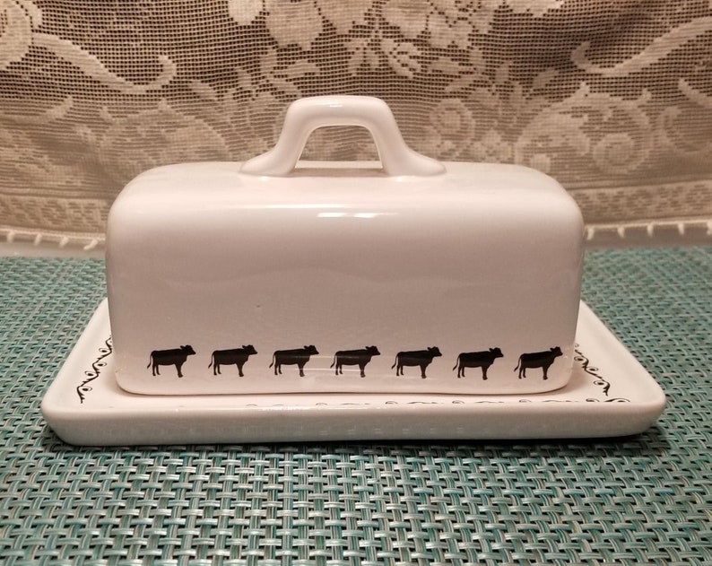 White Ceramic Farmhouse Butter Dish Cows on the Side Etsy