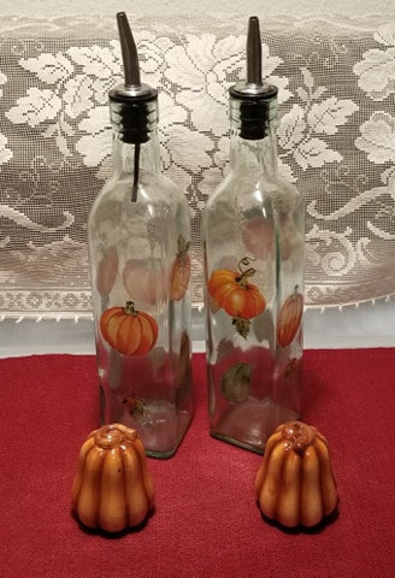 Two Glass Cruets Pumpkin Motif and Ceramic Pumpkin Shaped Salt and Pepper Shaker Set