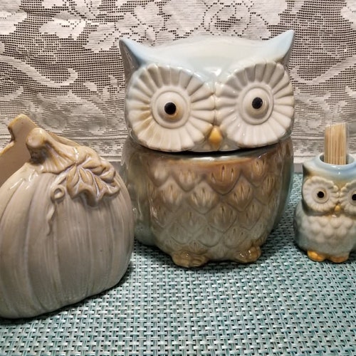 Owl Shaped Canister, Light Pumpkin Shaped Napkin Holder, Owl Shaped 2024 Spoon Rest, Owl Salt & Pepper Set and Owl Toothpick Holder