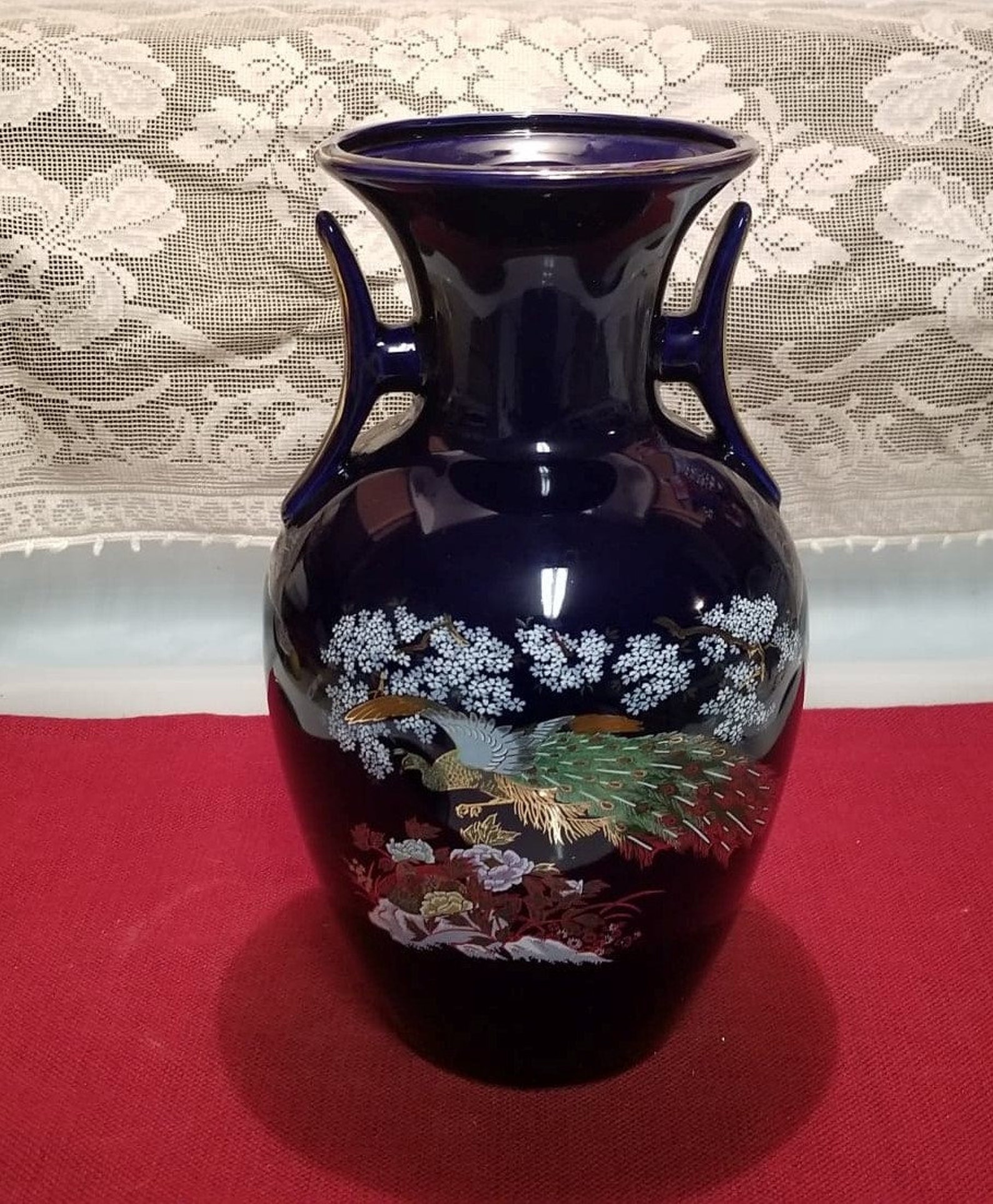 Vase de style japonais bleu cobalt / urne avec paon et fleurs Etsy
