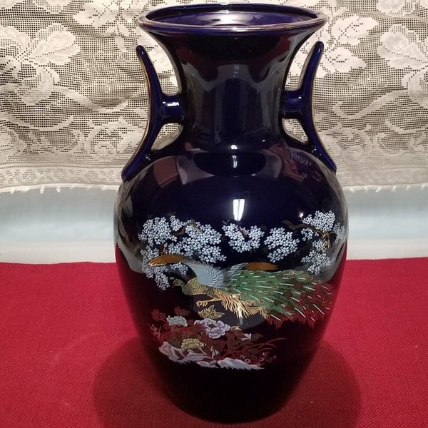 Cobalt Blue Japanese Style Vase / Urn with Peacock and White Flowers