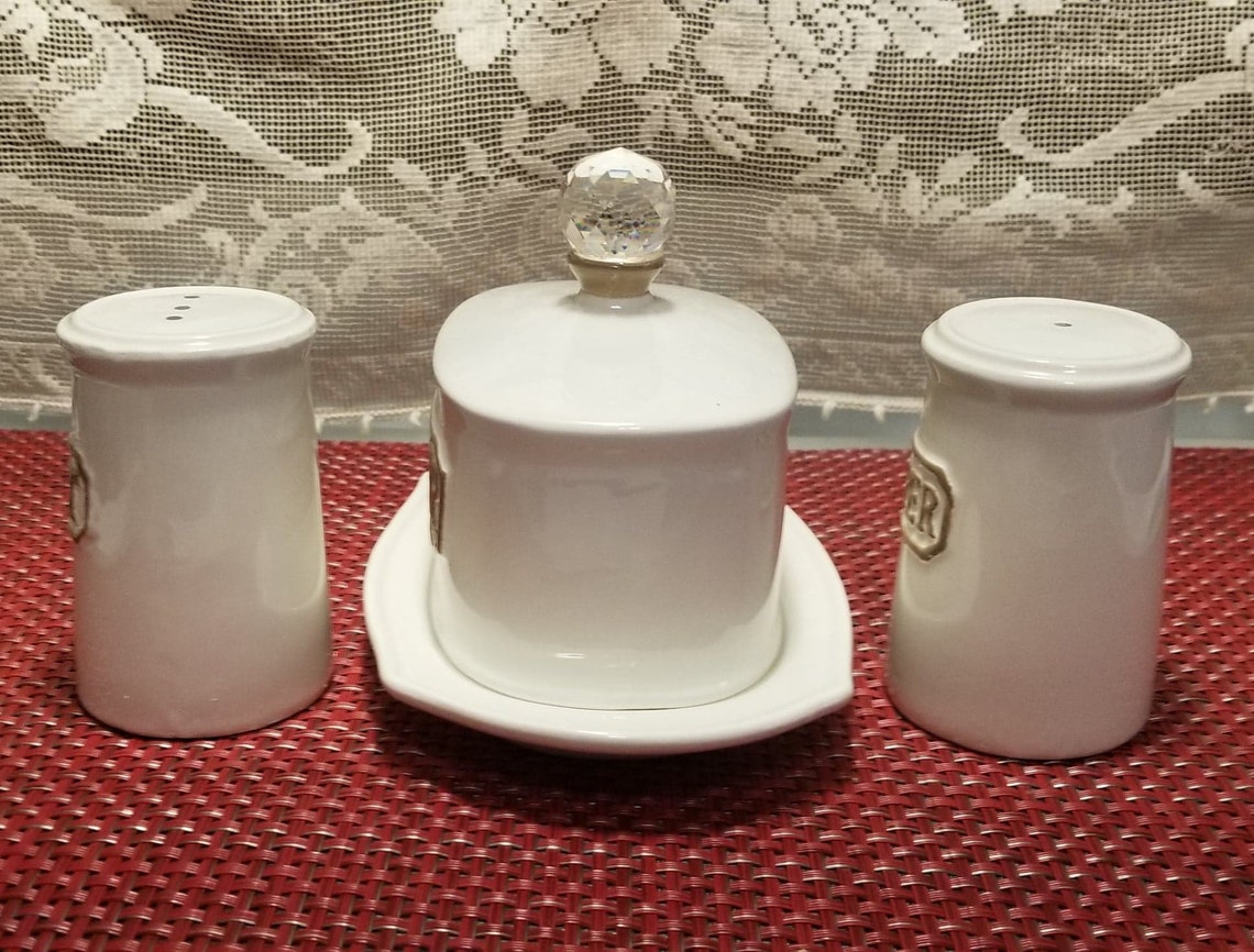 THL Embossed Butter Dish With Crystal Knob and Matching Salt Etsy