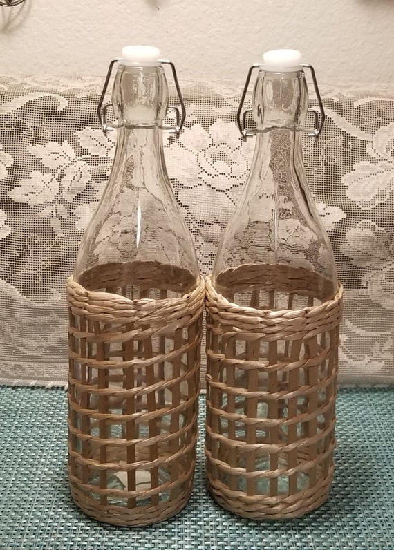 Two Large Green Decorative Glass Bottles, Option 1 or 2 And/or Two Large  Clear Glass Decorative Bottles With 100% Woven Wicker 