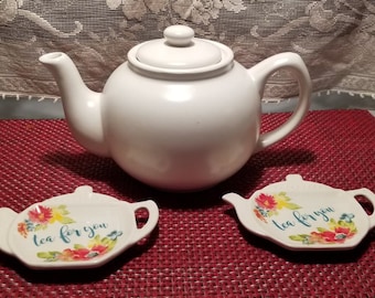 Vintage White Teapot with added Two Tea Bag Holders