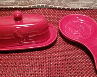 Red Stoneware Butter Dish with Embossed Rooster and a Matching Spoon Rest