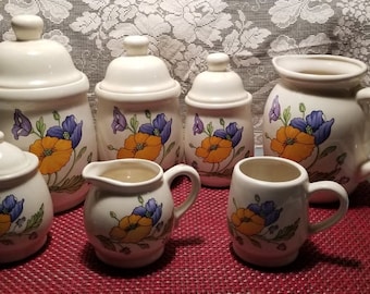 Vintage Floral Canister Set of Four, Pitcher, Creamer and Sugar Bowl