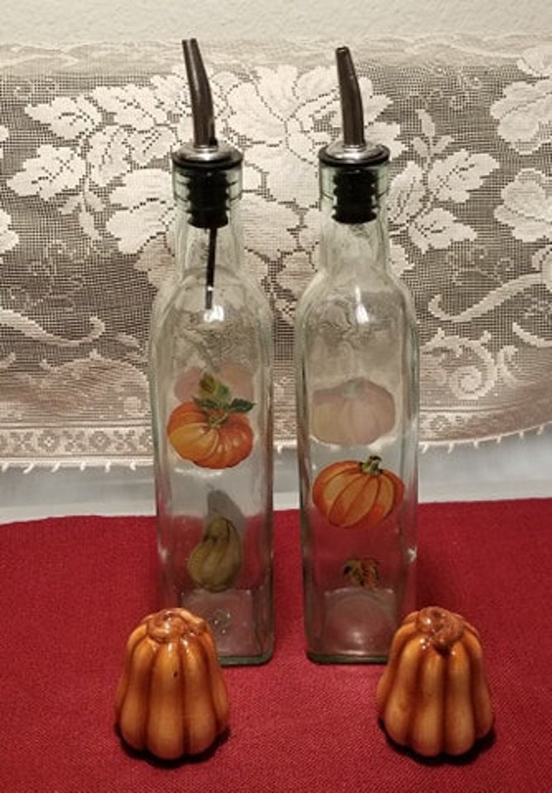 Two Glass Cruets Pumpkin Motif and Ceramic Pumpkin Shaped Salt and Pepper Shaker Set