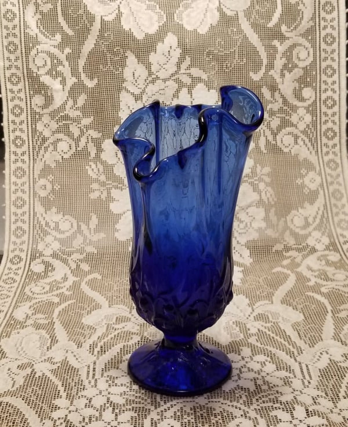 Vintage Cobalt Blue Glass Vase Ruffled Rim Fenton Cobalt Etsy