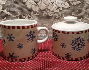 Holiday "Snowflakes" Creamer and Covered Sugar Bowl by Sakura