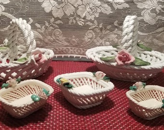 Capodimonte White & Tan Woven Baskets with Roses - Made in Italy