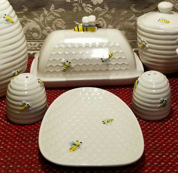 Bumble Bee Collection of Kitchen Items Butter Dish, Creamer, Sugar