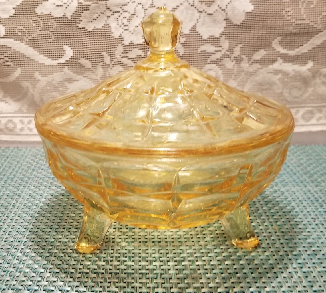 Vintage Yellow Glass Candy Dish With Lid Constellation Yellow Etsy