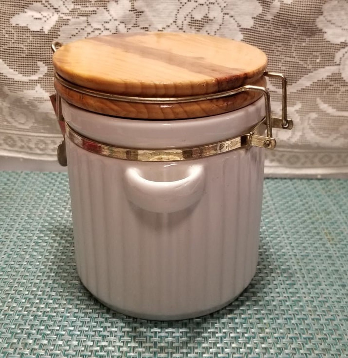 Vintage White Ceramic Kitchen Canister With Wood Metal Locking Etsy
