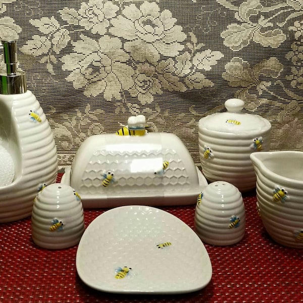 Bumble Bee Collection of Kitchen Items - Butter Dish, Creamer, Sugar, Salt, Pepper, Spoon Rest, Scrubby