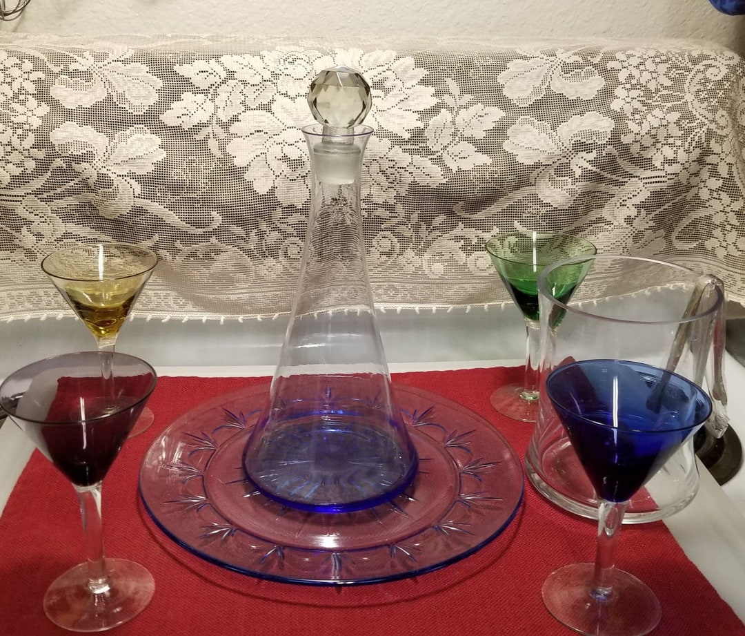 Vintage Glass Blue Decanter Stopper Colored Glasses Clear Etsy