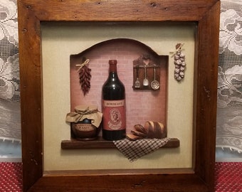 Wooden Shadow Box with Utensils and Bottles Wall Hanging