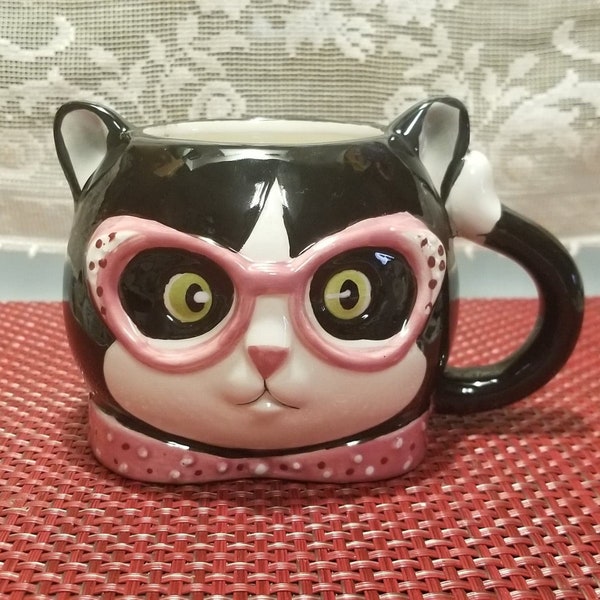 Whimsical Ceramic Cat Mug - Retro Black Cat with Eyeglasses