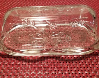 Clear Floral Glass Butter Dish - Anchor Hocking “Savannah Clear” quarter pound butter dish.