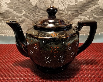 Vintage 1940s Brown Floral Pottery Teapot - Japan