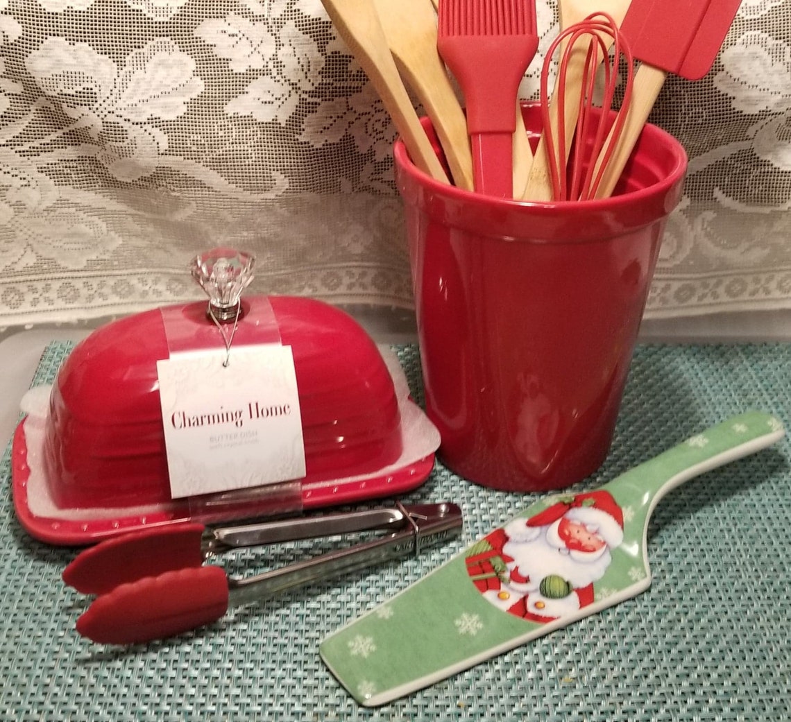 Kitchen Set in Red Utensil Holder Spoon Rest Butter Dish Etsy