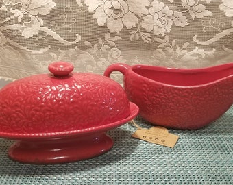 Red Embossed Butter Dish with matching Gravy Boat on Pedestal by Strawberry Street