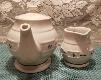 Longaberger Pottery Woven Traditions Blue Cream and Sugar Set Paprika With  Box
