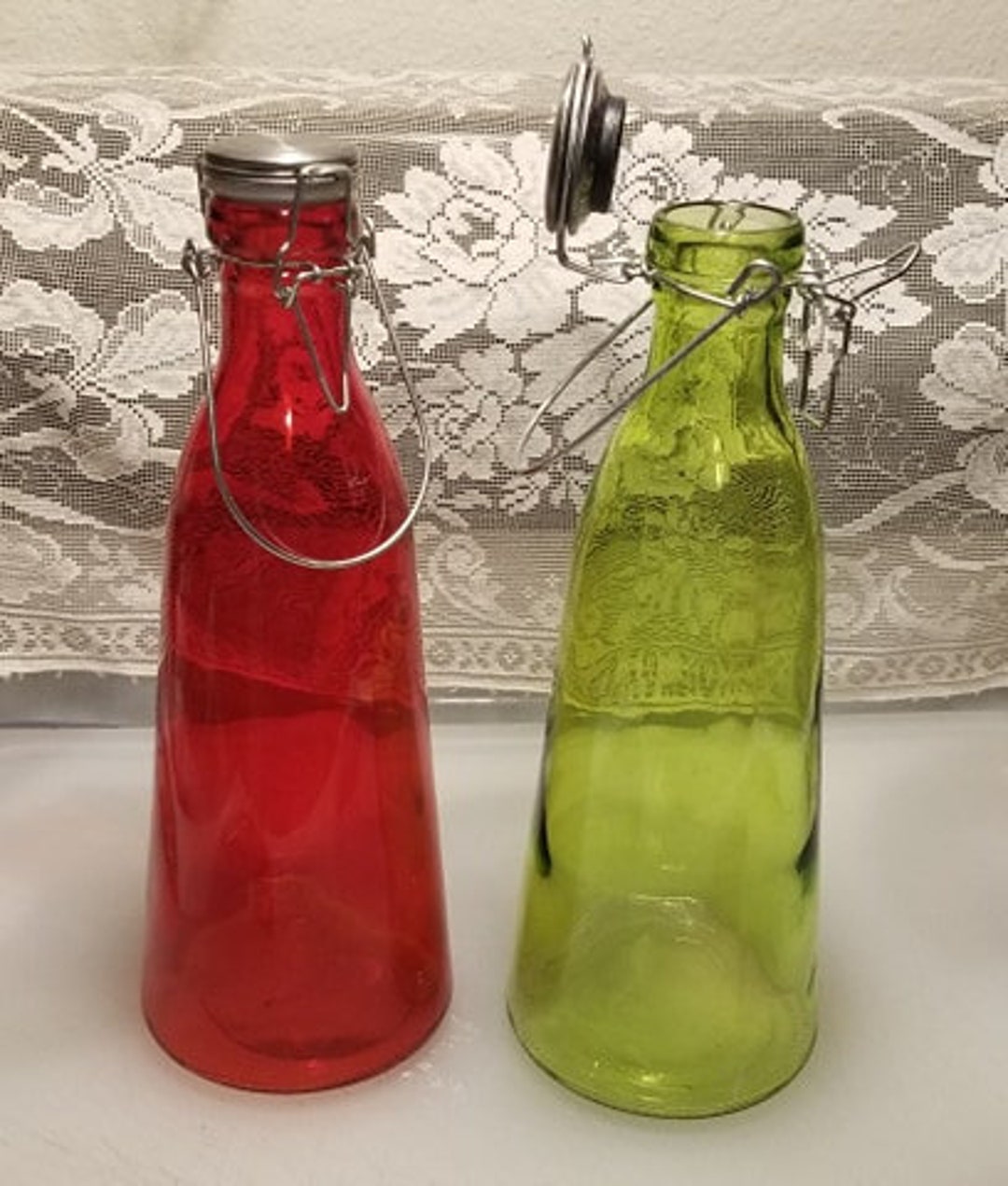 Vintage Collectible Colored Glass Jars With Metal Handles / Red & Green