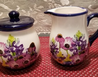 Blue Bonnet and Mixed Floral Creamer and Covered Sugar Bowl by Haven and Key