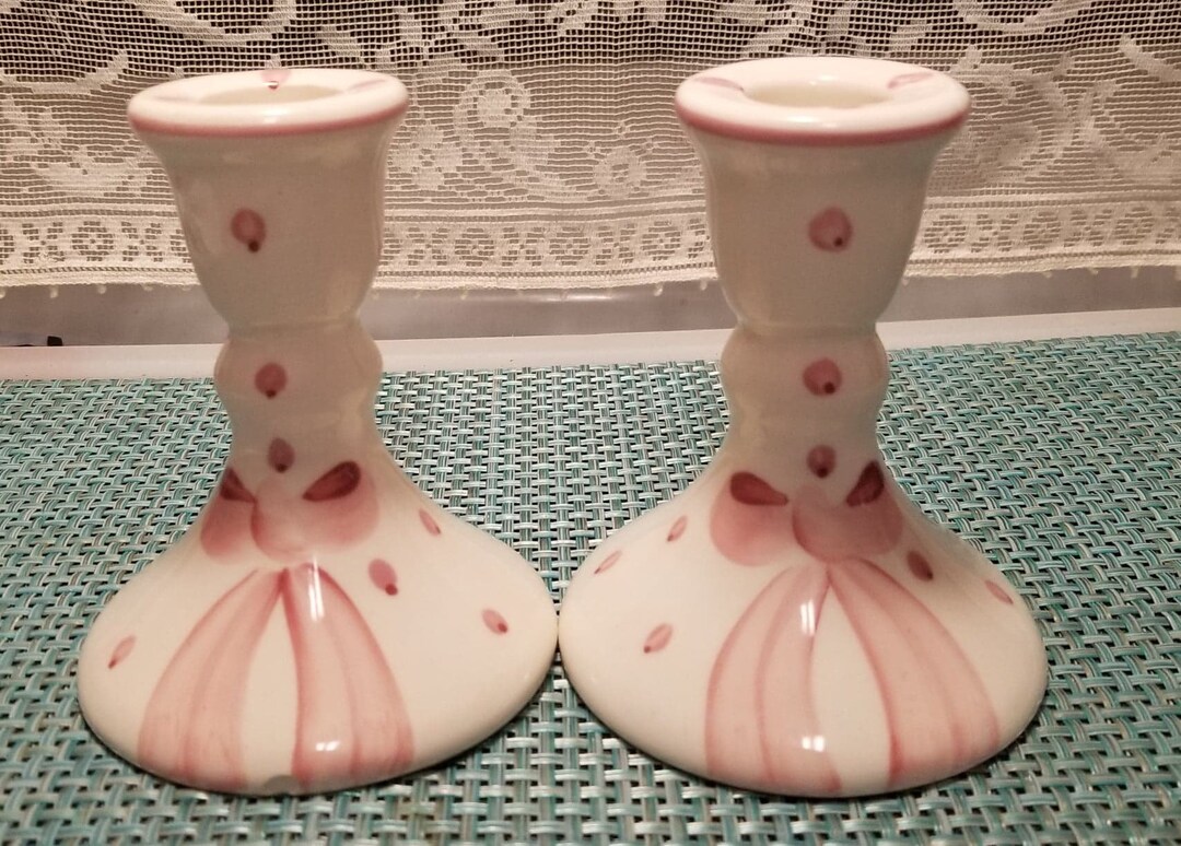 Vintage Ceramic Candlestick Holders Handpainted White With Etsy