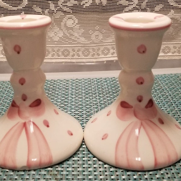 Vintage Ceramic Candlestick Holders - Hand-painted White with Pink Ribbon and Dots